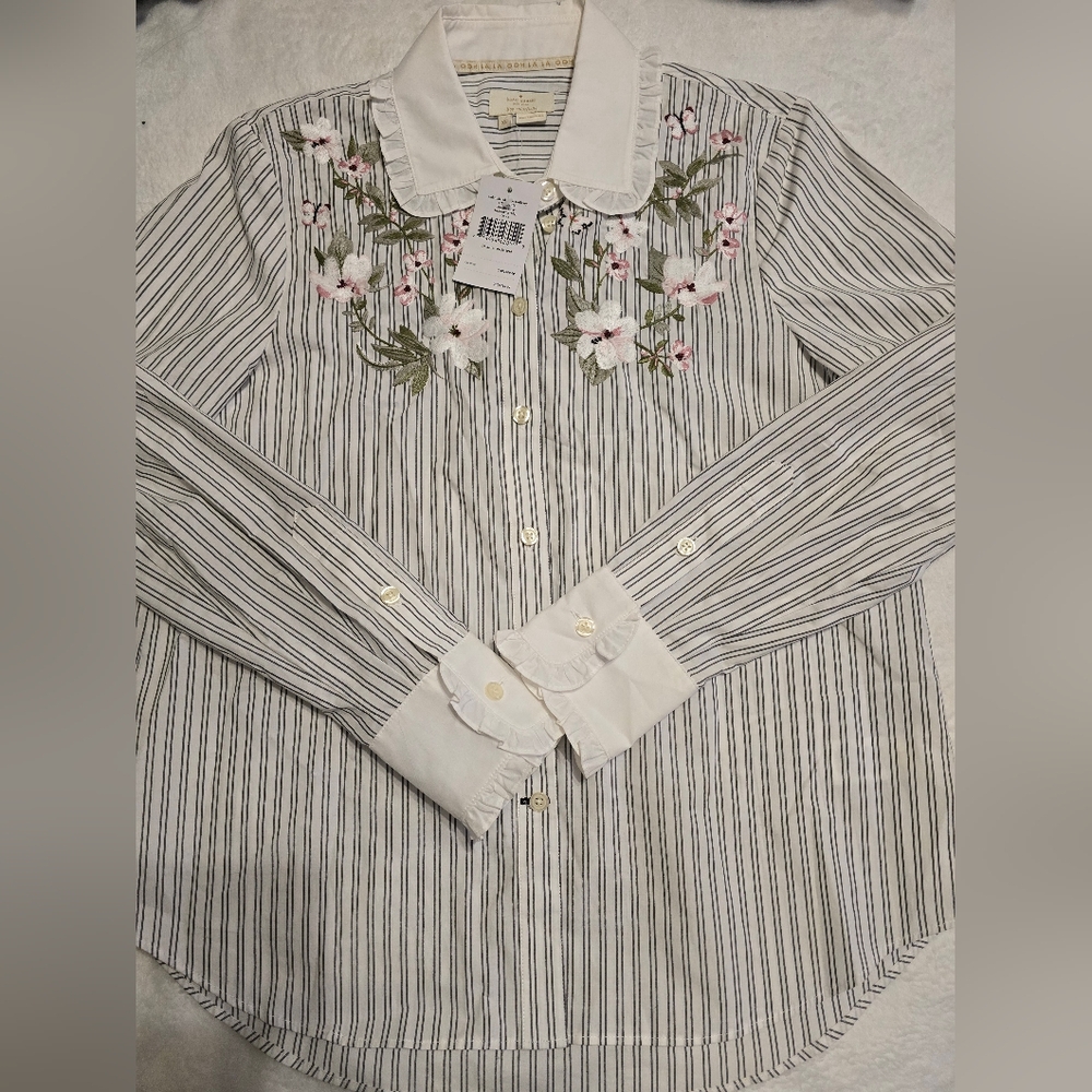 Floral Embroidered Stripe Ruffle Top XS